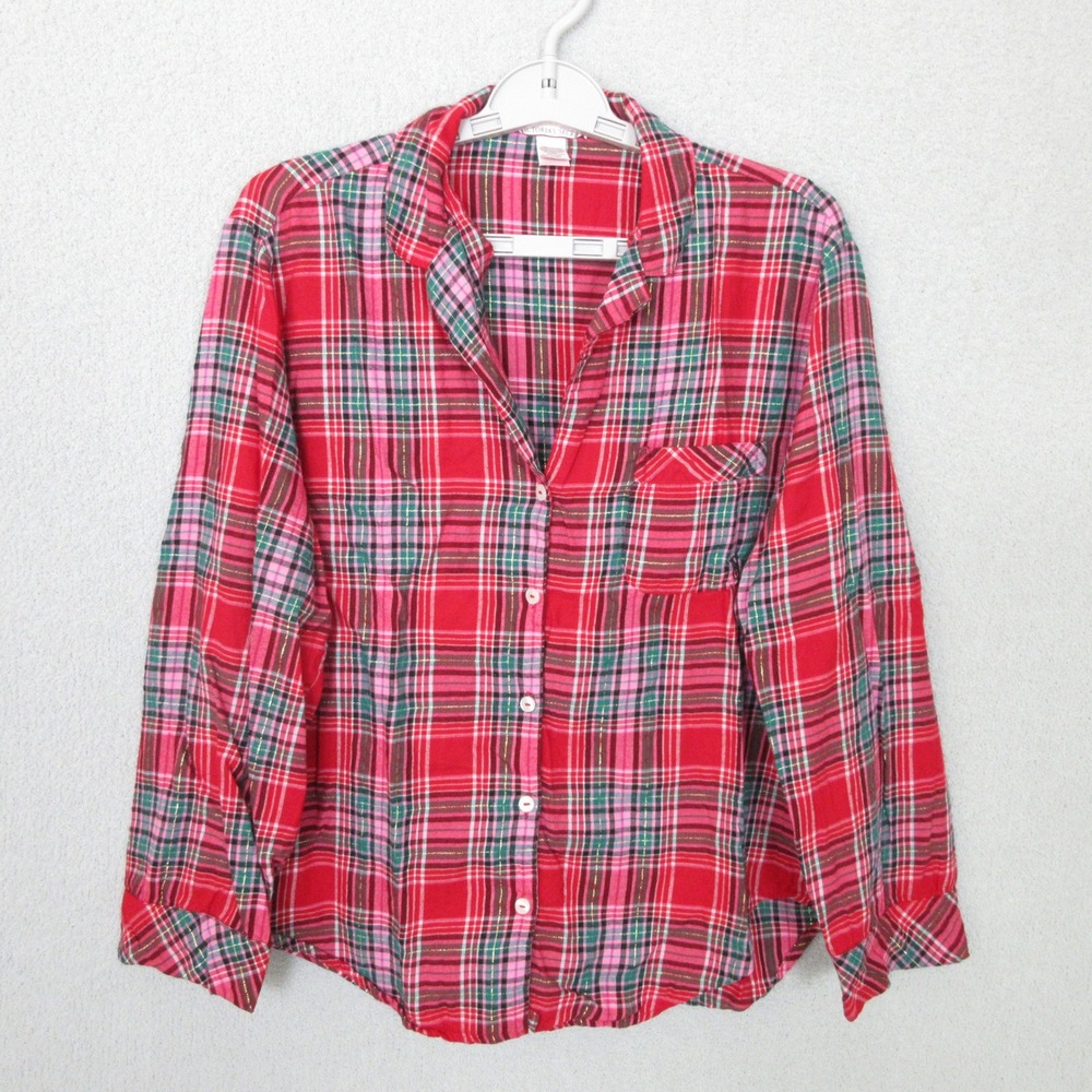 Victoria's‎ Secret Plaid Flannel Pajama Top Small Pink Red Green Long Sleeve